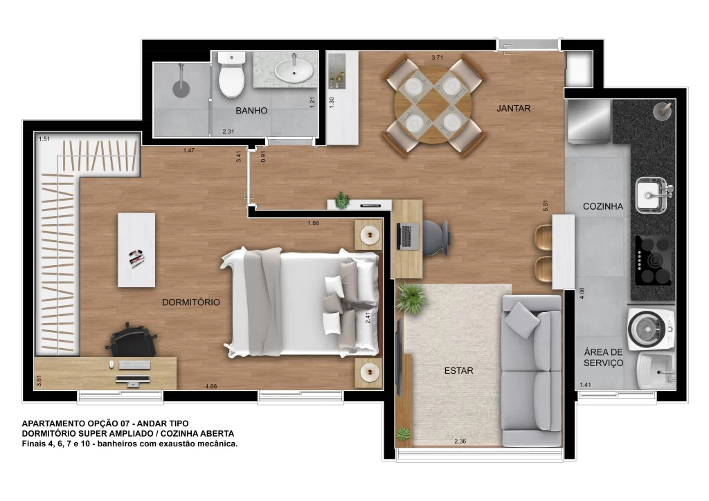 Planta de 1 dormitório extendido e closet