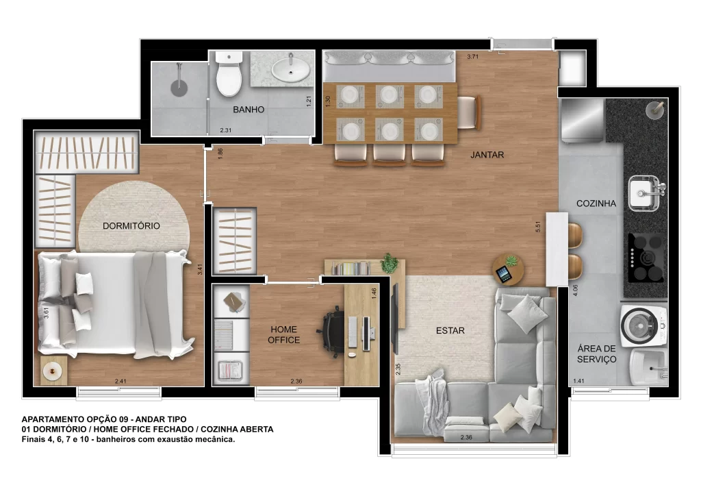 Planta 1 dormitório e home office fechado