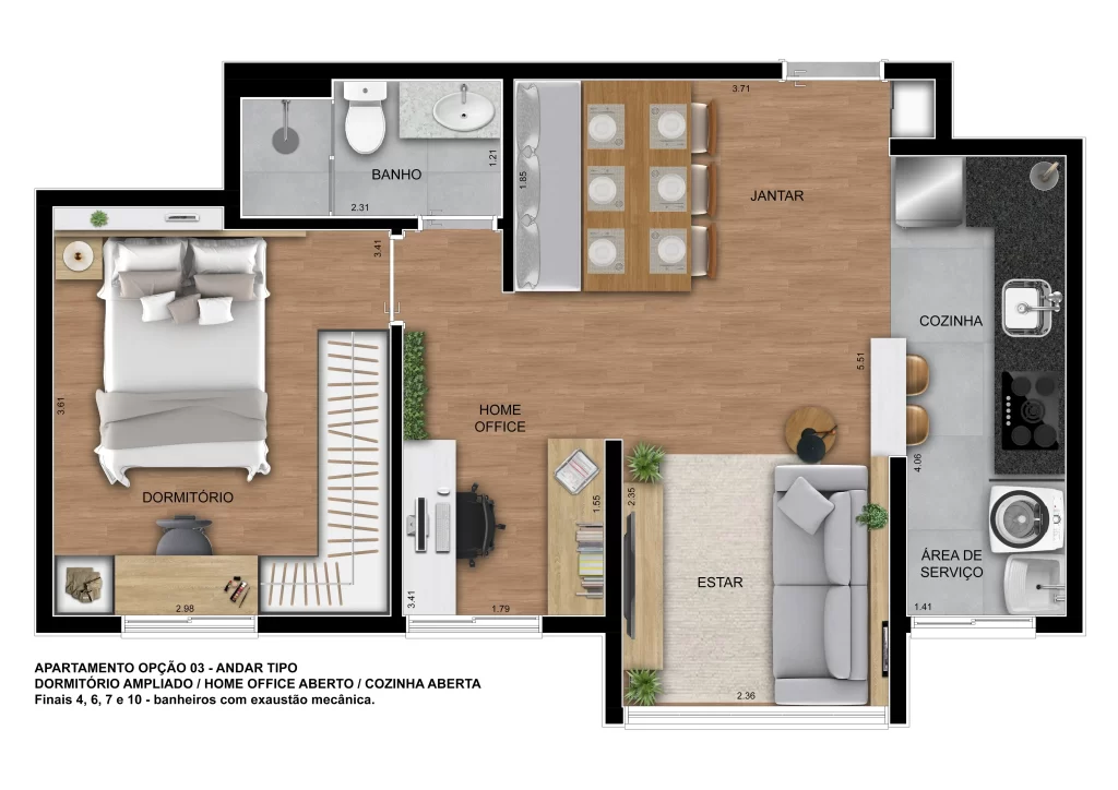 Planta com 1 dormitórios e home office